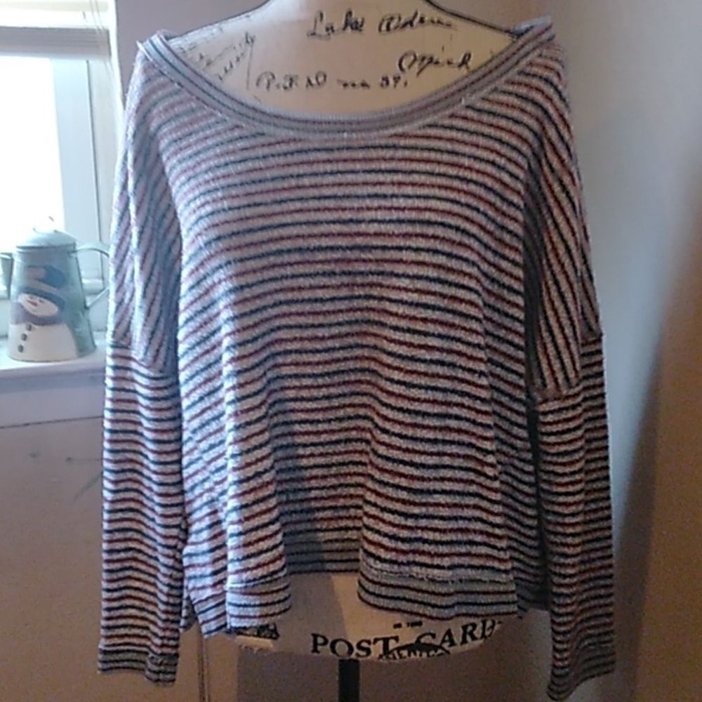 🏵FREE PEOPLE BURGUNDY,BLUE & WHITE STRIPED DISTRESSED BOATNECK CROPPED TOP XS
